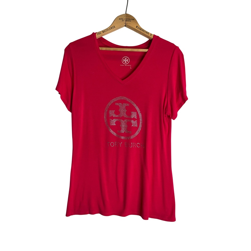 Tory Burch Pink V-Neck T-Shirt Bling Glam Short Sleeve Preppy Casual Designer L